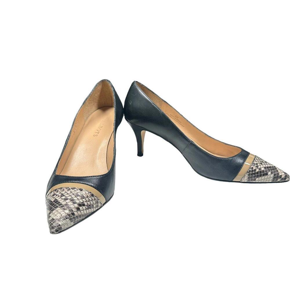 Talbots Pumps Black Leather Women’s Snake Pattern Cap Toe Pointed Pumps Heels 8M